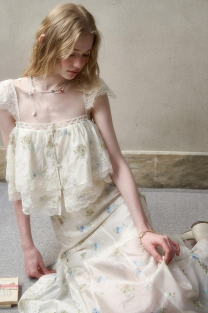 Airy Floral Ensemble Long Lace Skirt Set-Up