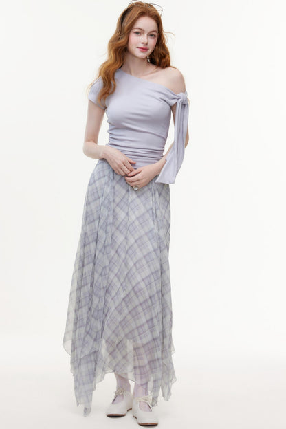 Irregular Plaid Chiffon Bustier Skirt