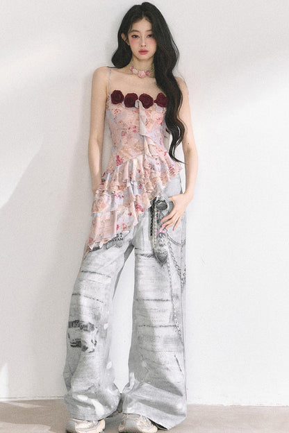 Asymmetrical Floral Slimming T-Shirt