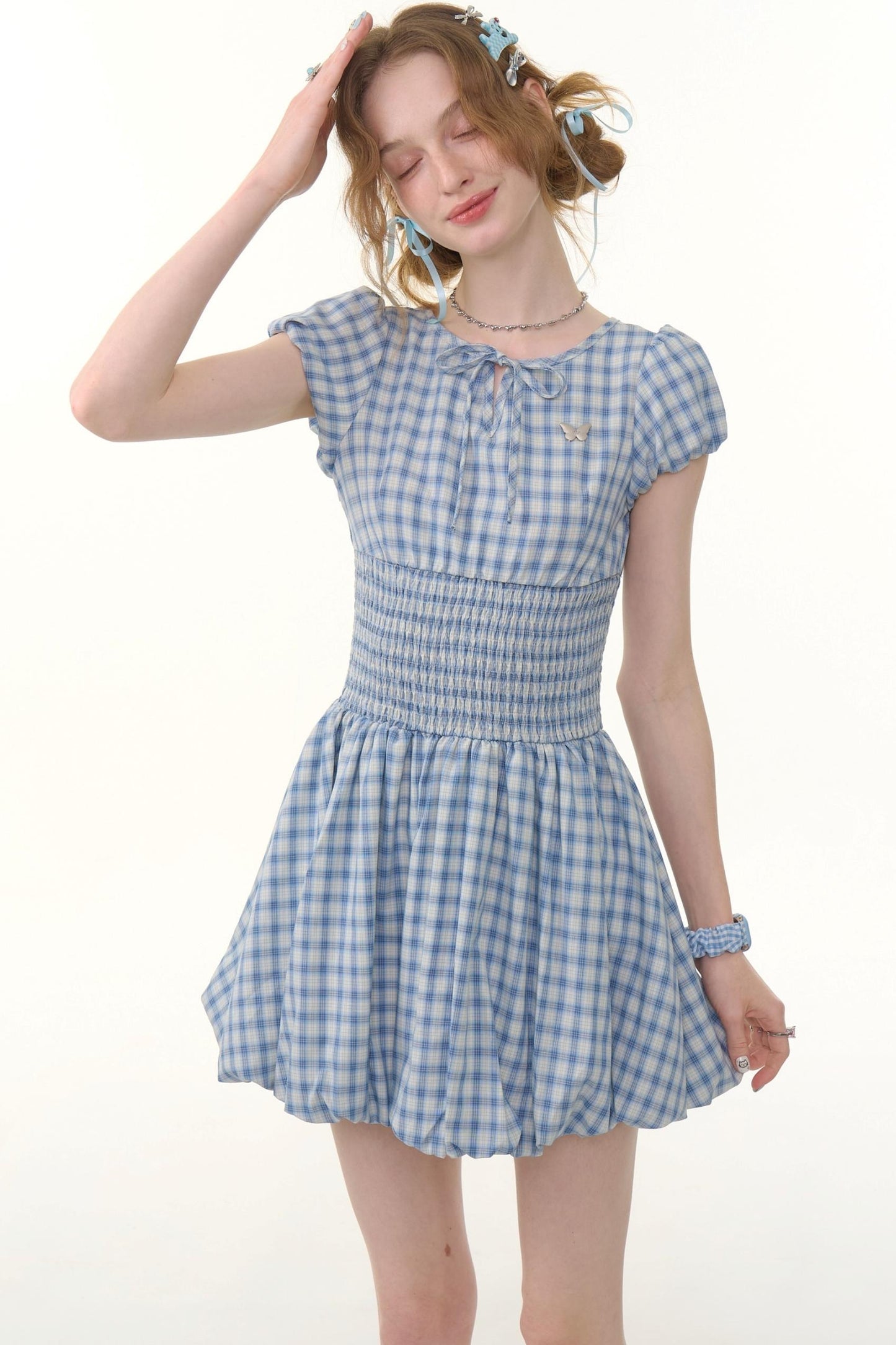 Blue Plaid Puff Sleeve Dress