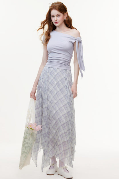 Irregular Plaid Chiffon Bustier Skirt