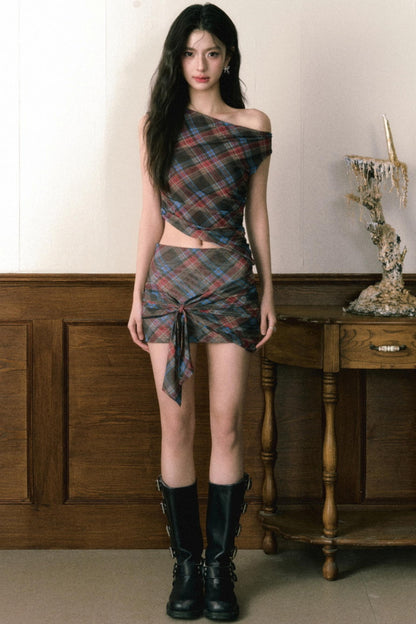 Retro Plaid Mesh Shoulder Wrap Skirt Set-Up