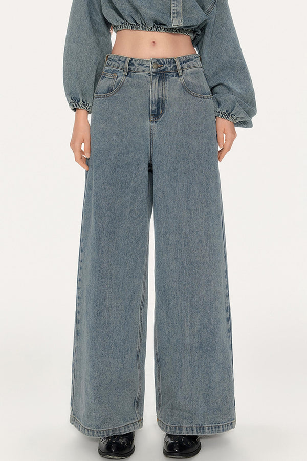 Asymmetrical Puff Sleeve Denim Pants Set