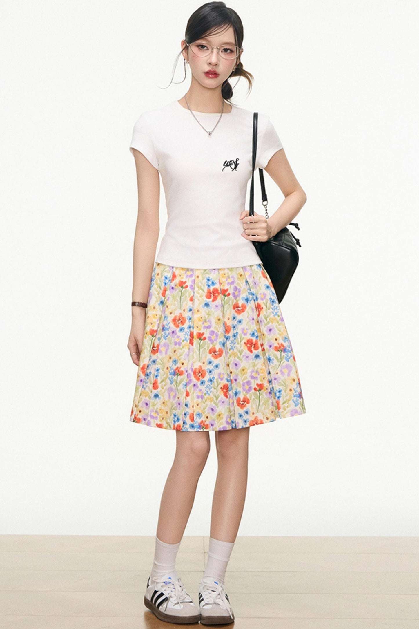 White Floral Skirt And White T-Shirt Set-Up