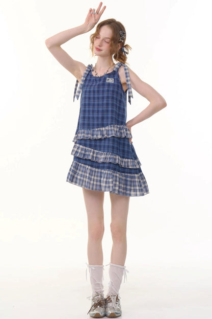 Blue Plaid Halter Dress