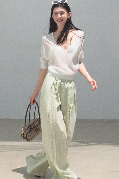 Distant Tenderness Linen Knit Camisole T-Shirt Set