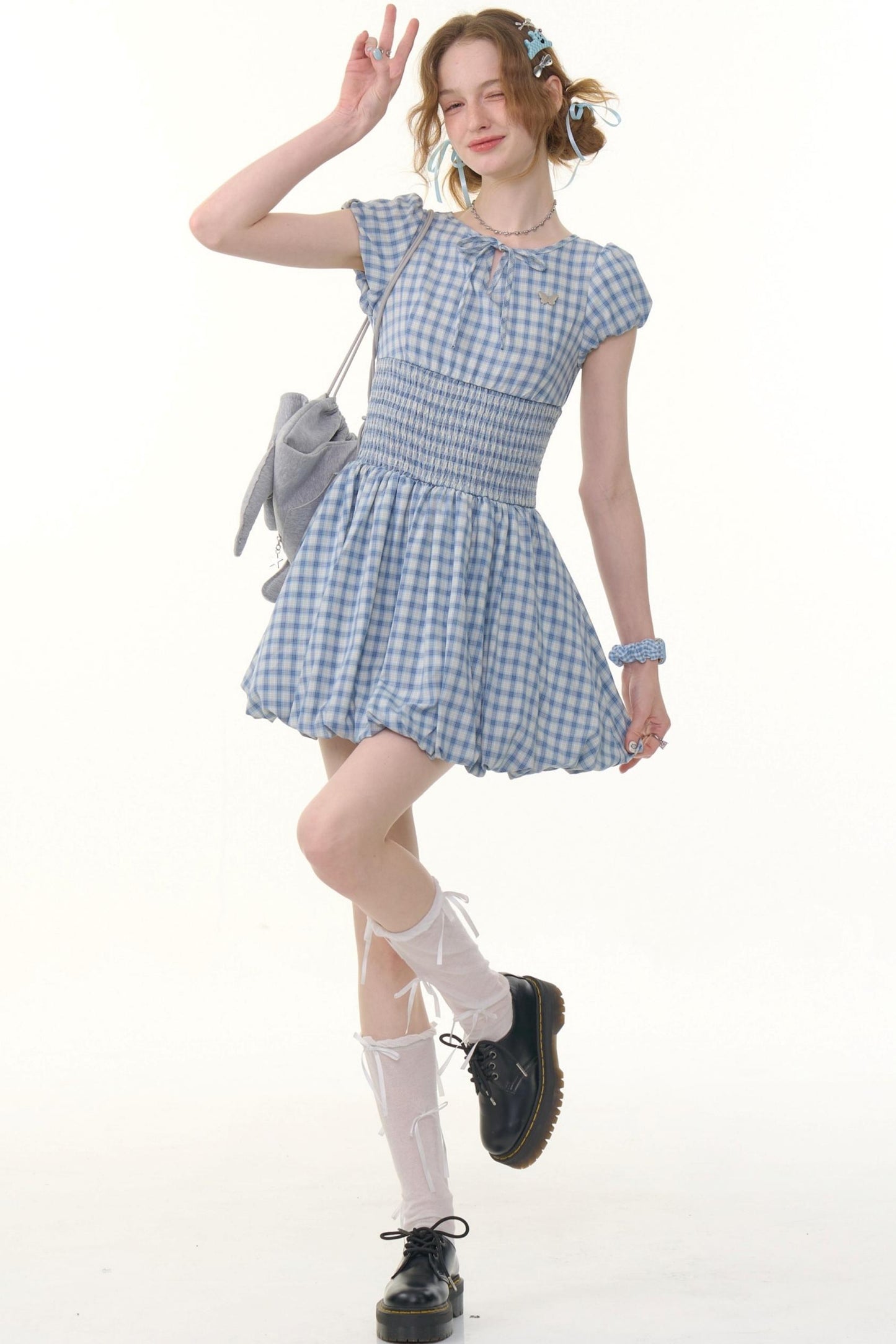 Blue Plaid Puff Sleeve Dress