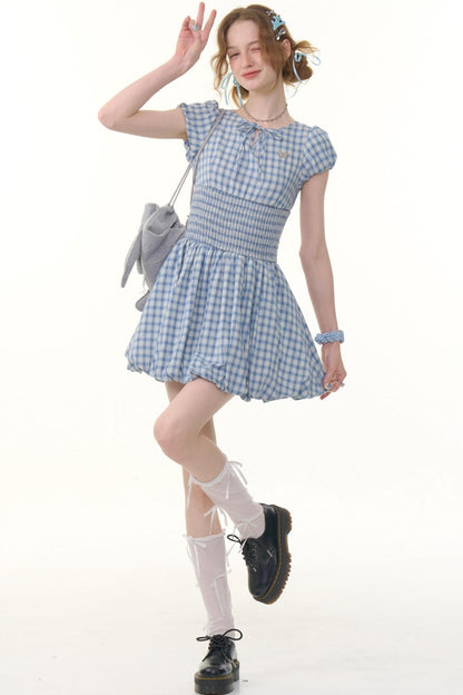 Blue Plaid Puff Sleeve Dress