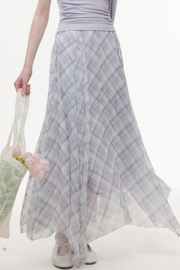 Irregular Plaid Chiffon Bustier Skirt