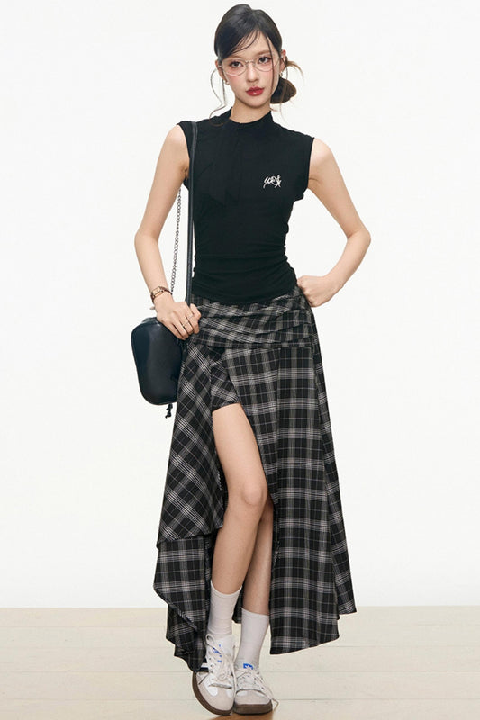 Charm Checkered Skirt & Bow-Knit Set-Up