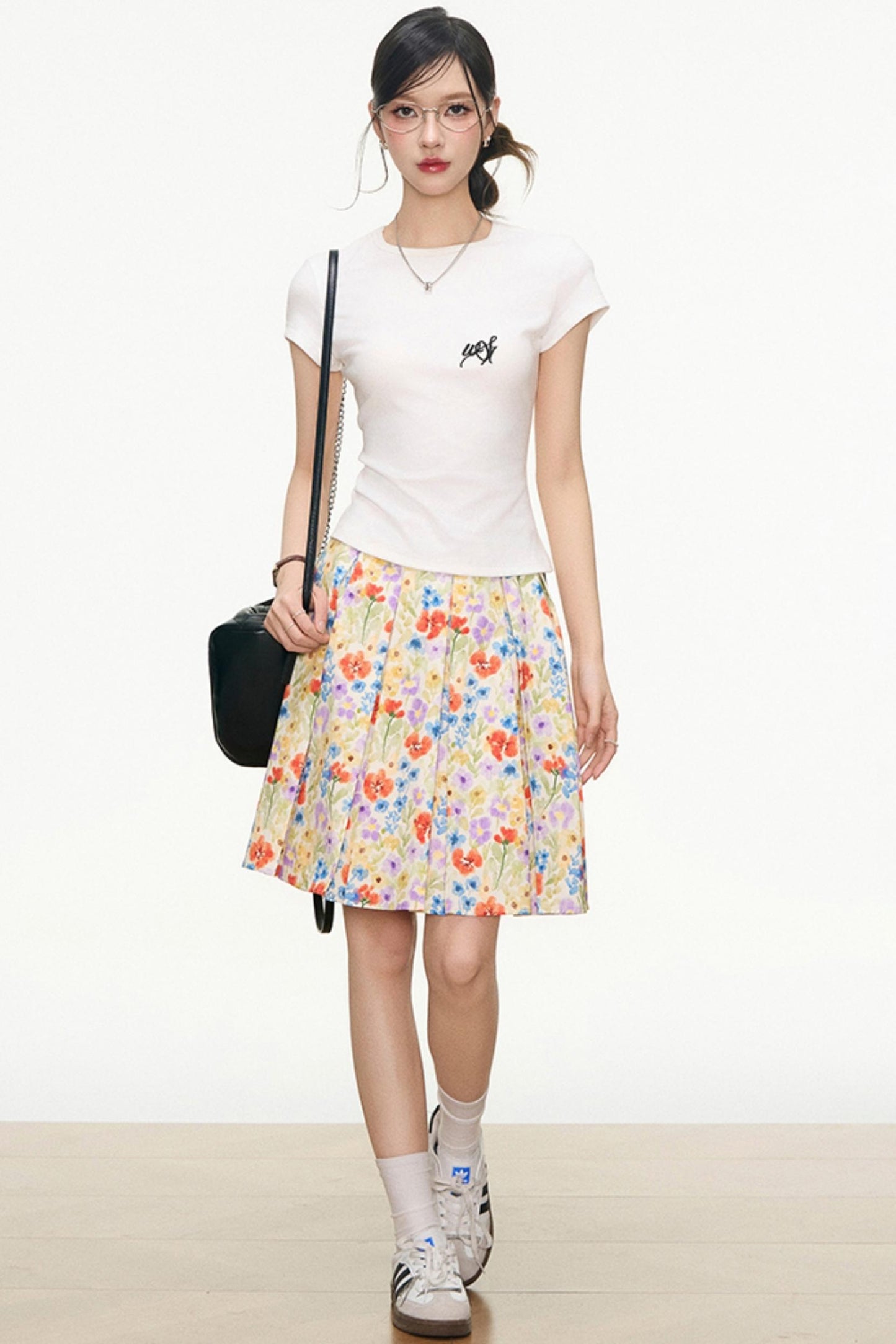 White Floral Skirt And White T-Shirt Set-Up