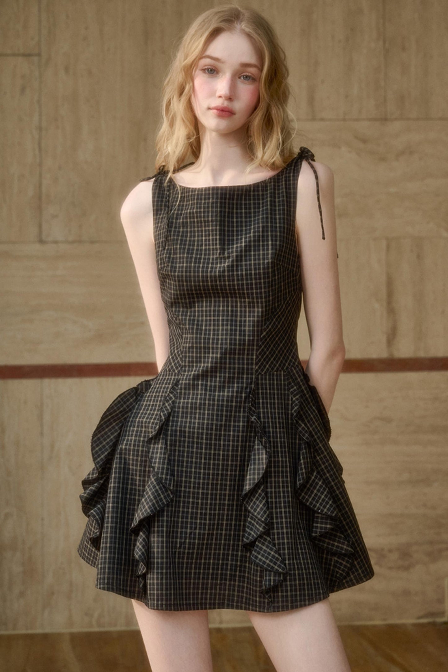 Dark Gray Lace Plaid Dress