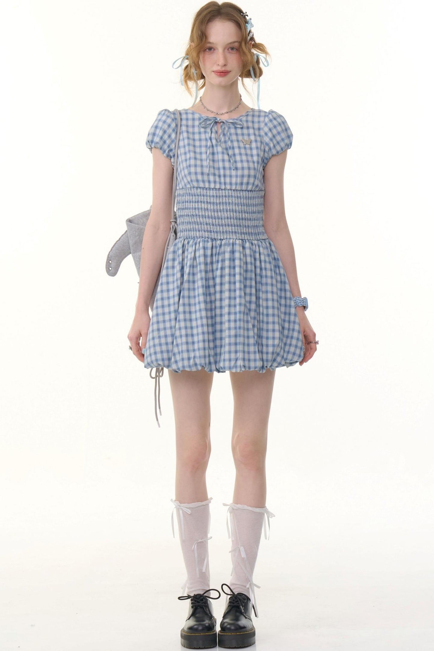Blue Plaid Puff Sleeve Dress