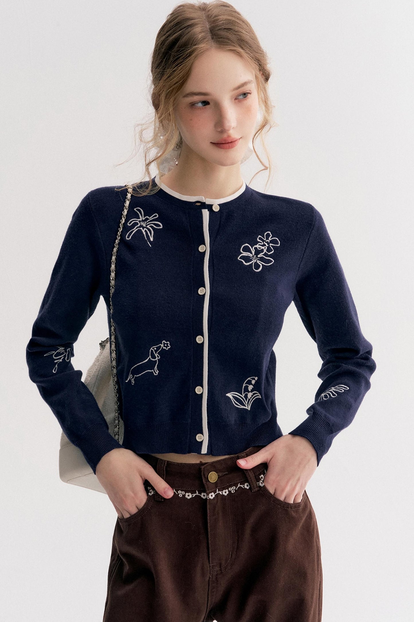 Rich Chocolate Floral Embroidery Wide-Leg Jeans