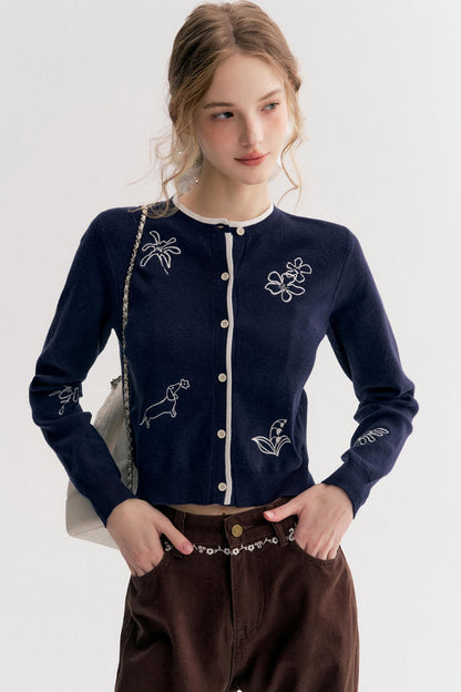 Rich Chocolate Floral Embroidery Wide-Leg Jeans