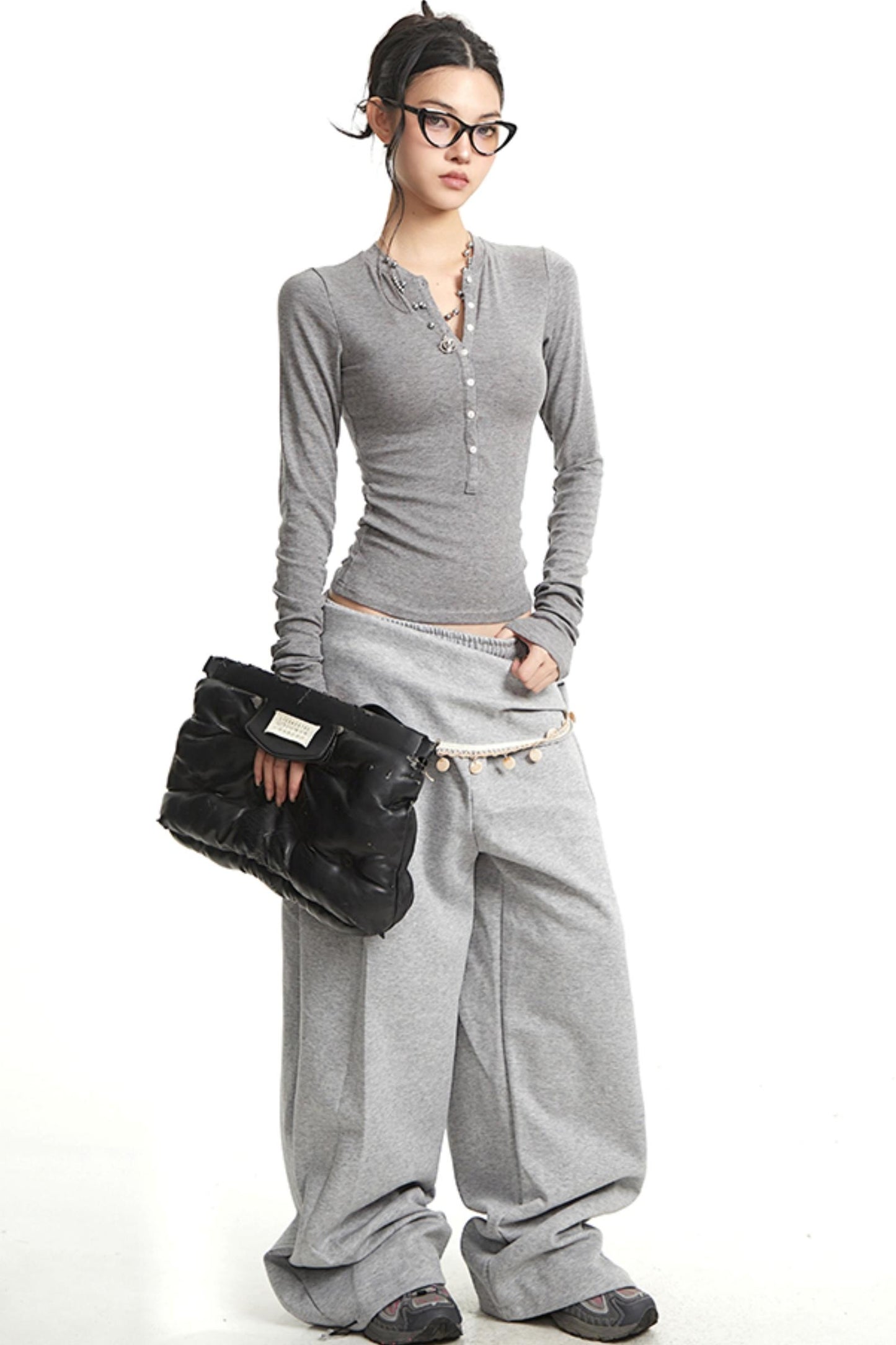 Vintage Grey V-Neck Long Sleeve T-Shirt