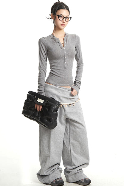 Vintage Grey V-Neck Long Sleeve T-Shirt