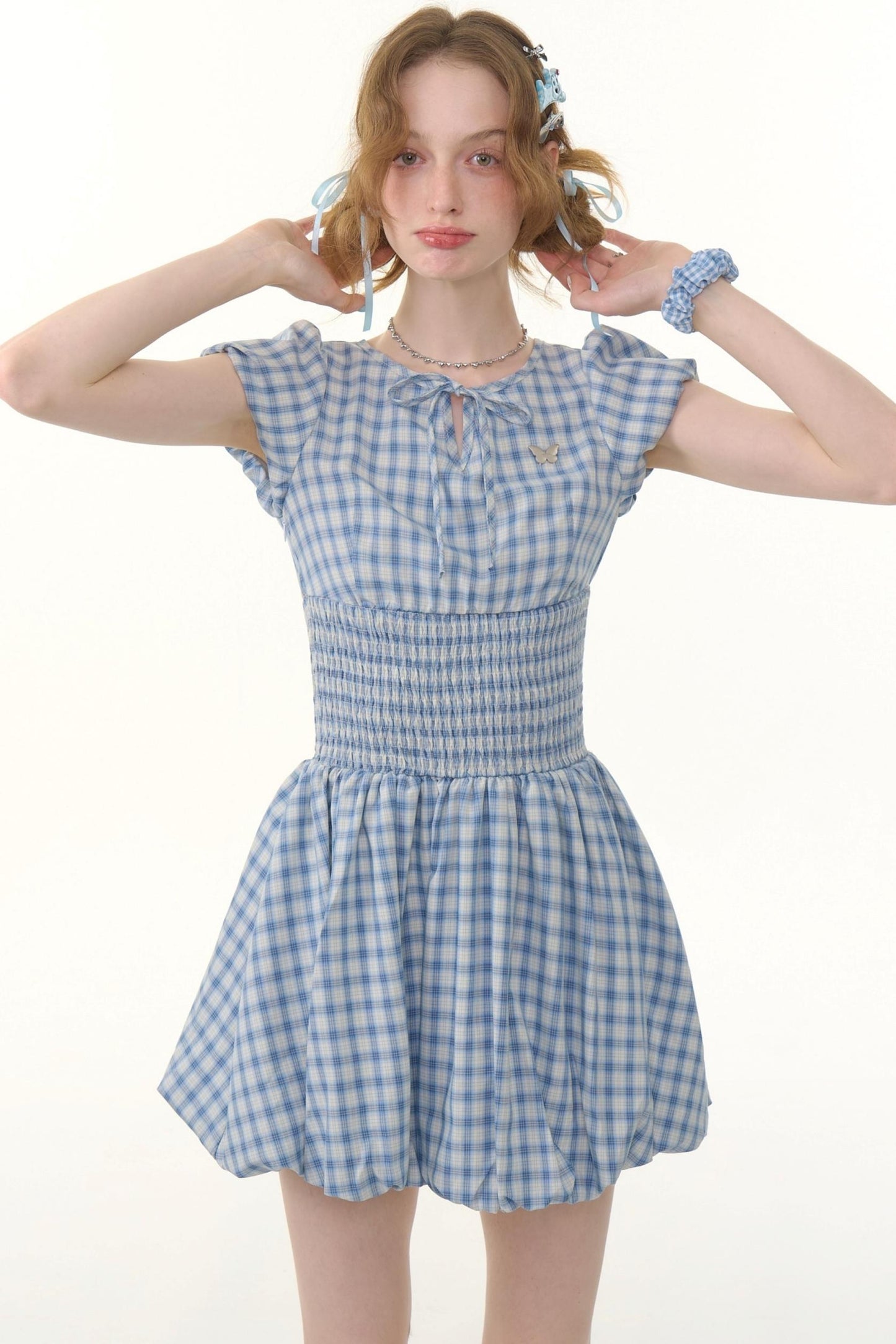 Blue Plaid Puff Sleeve Dress