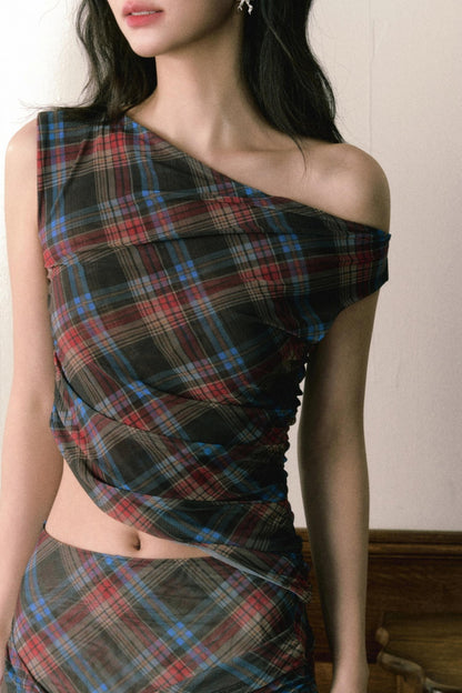 Retro Plaid Mesh Shoulder Wrap Skirt Set-Up