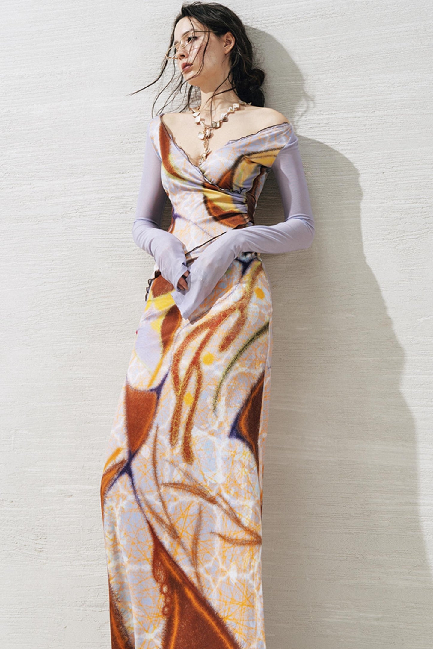 Rosewood Geometric V-Neck Long Sleeve Dress