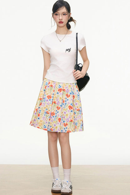 White Floral Skirt And White T-Shirt Set-Up