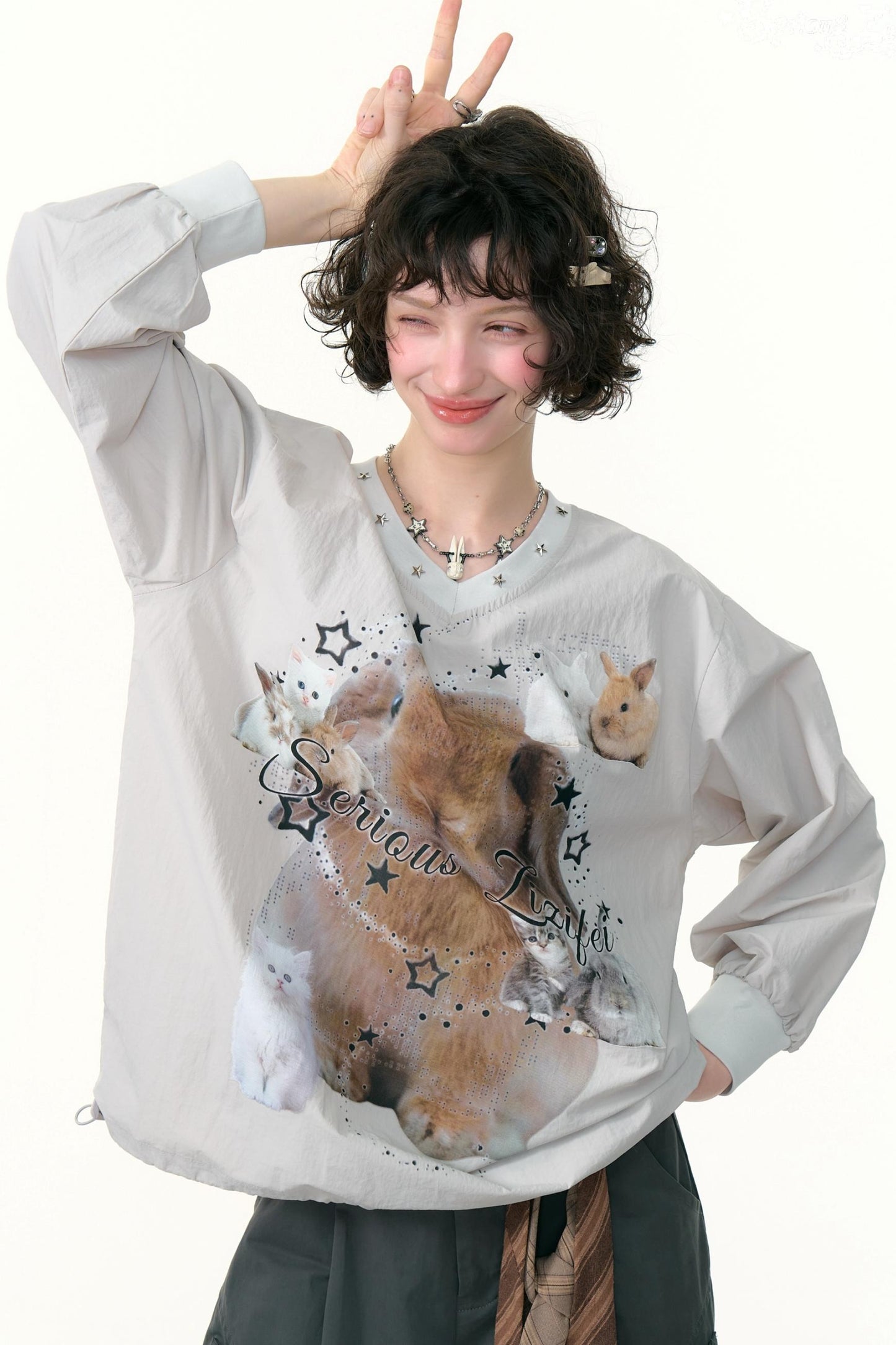 Rabbit Print V-Neck Top