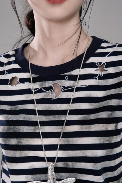 Navy Embroidered Striped T-shirt