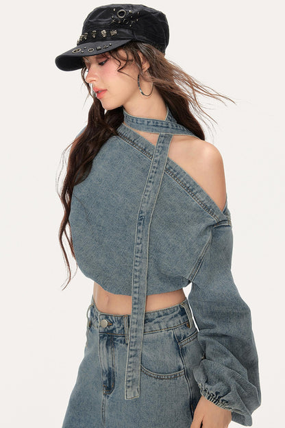 Asymmetrical Puff Sleeve Denim Pants Set