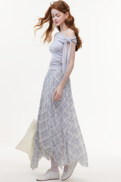 Irregular Plaid Chiffon Bustier Skirt