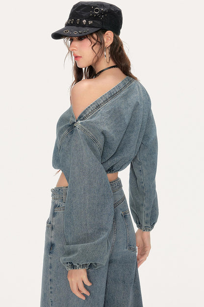 Asymmetrical Puff Sleeve Denim Pants Set