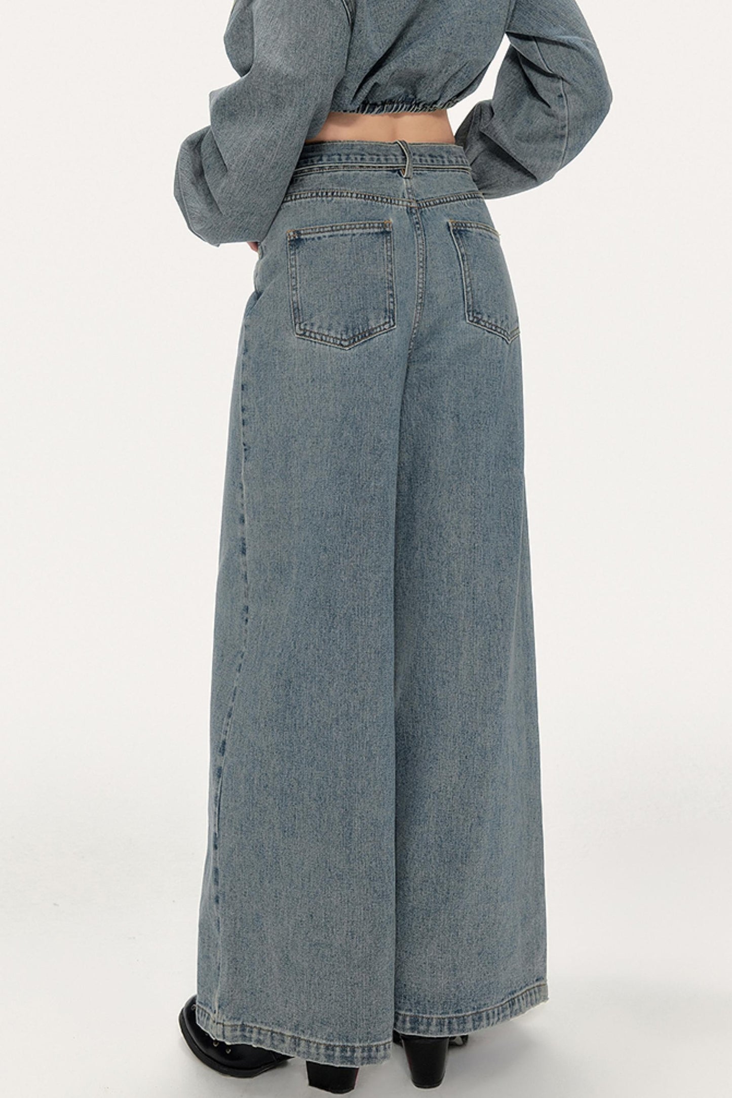 Asymmetrical Puff Sleeve Denim Pants Set