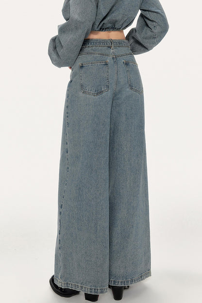 Asymmetrical Puff Sleeve Denim Pants Set