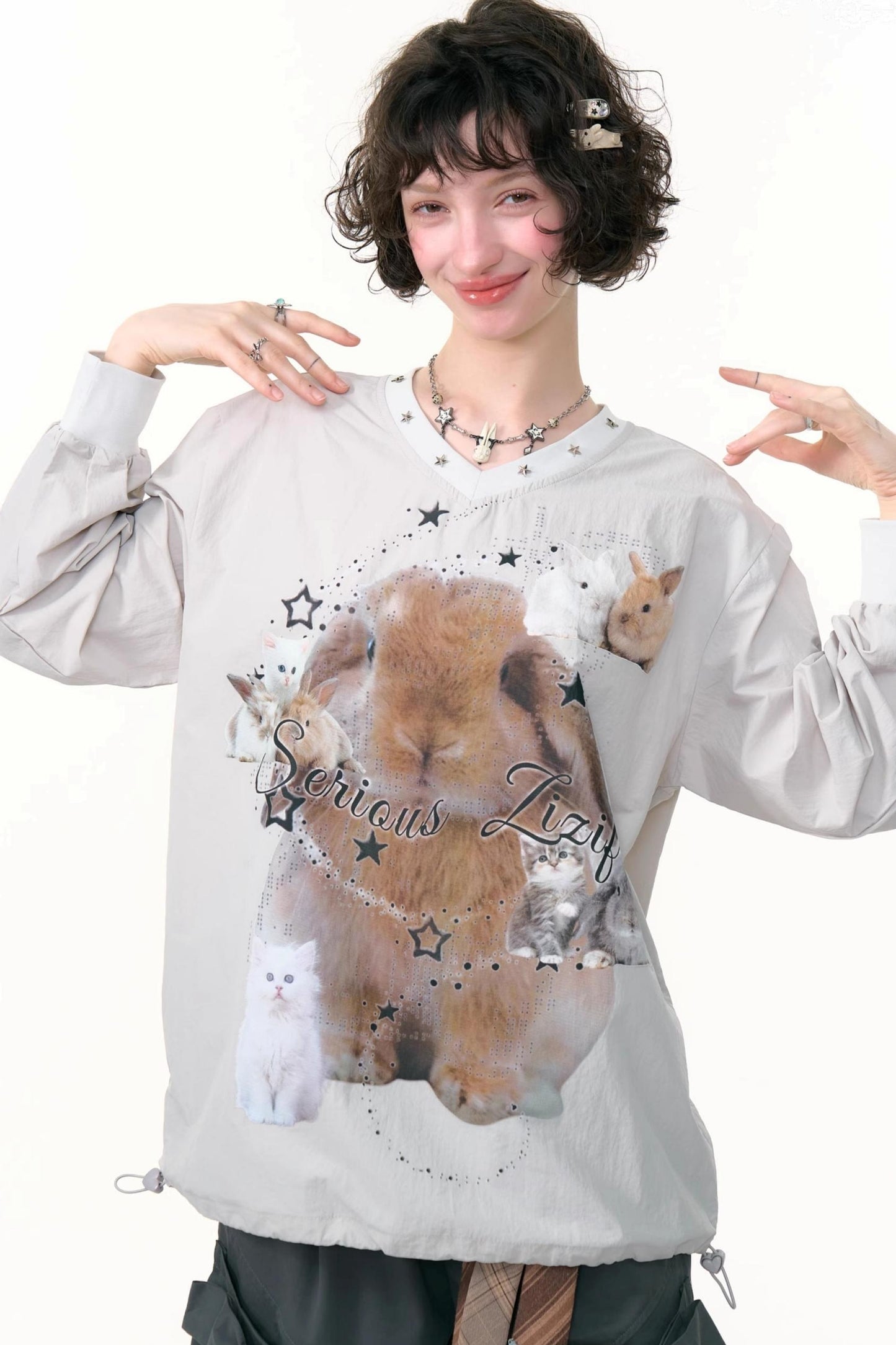 Rabbit Print V-Neck Top