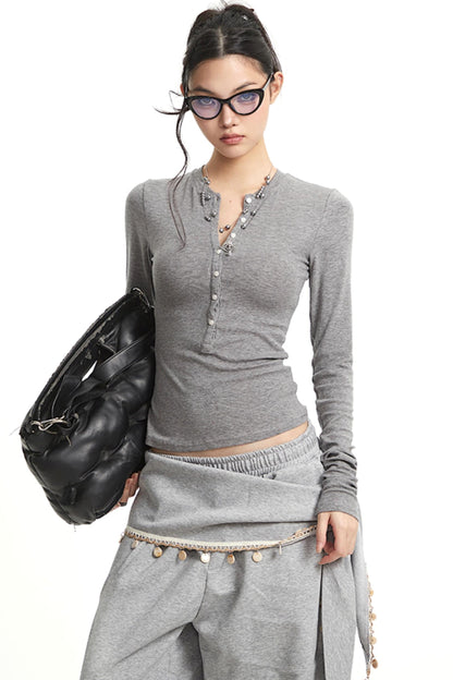 Vintage Grey V-Neck Long Sleeve T-Shirt