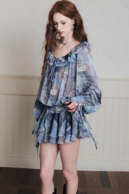 Rhythmic Ruffles Denim Drawstring Shirt Dress