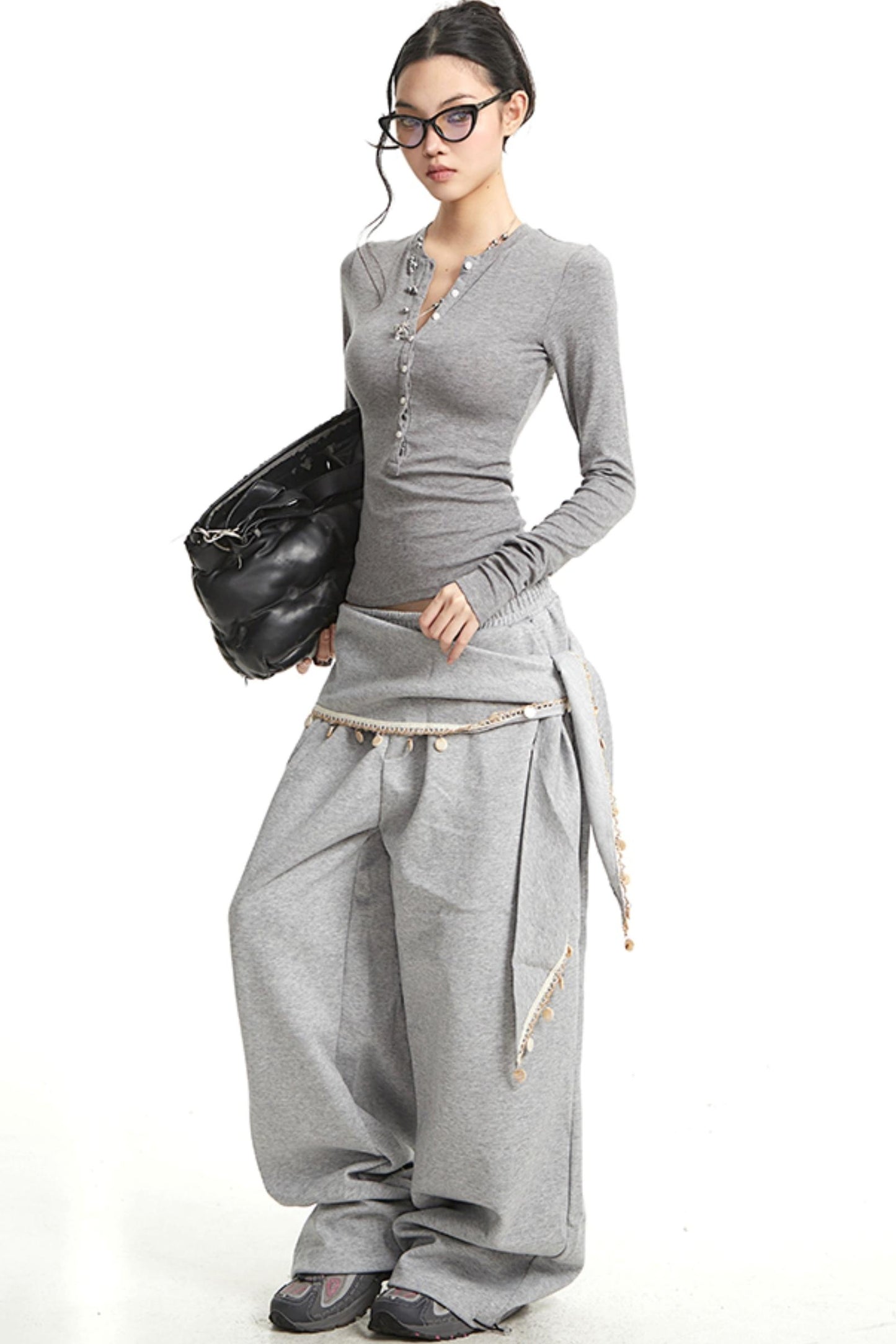 Vintage Grey V-Neck Long Sleeve T-Shirt