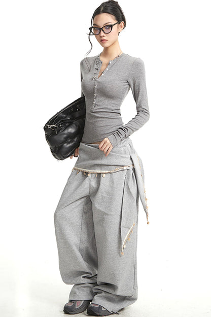 Vintage Grey V-Neck Long Sleeve T-Shirt