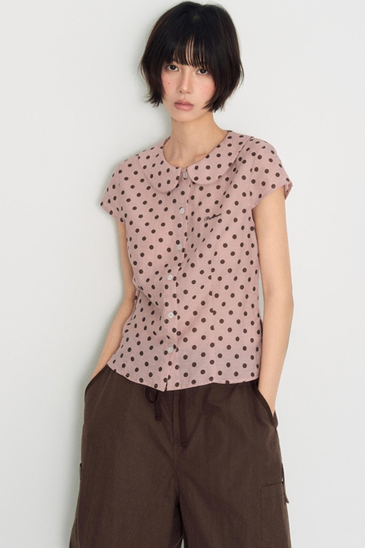 Sweet Pink Polka Dot Doll Collar Shirt