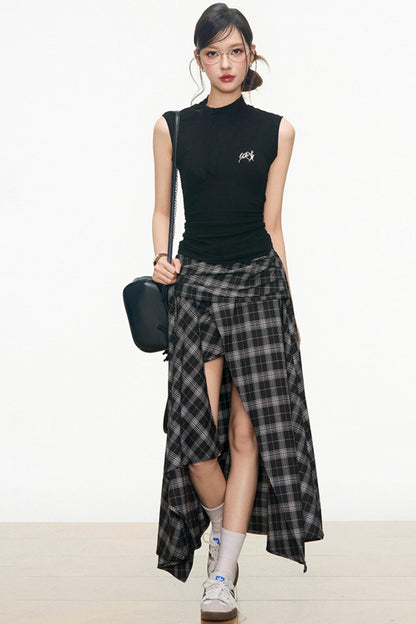 Charm Checkered Skirt & Bow-Knit Set-Up