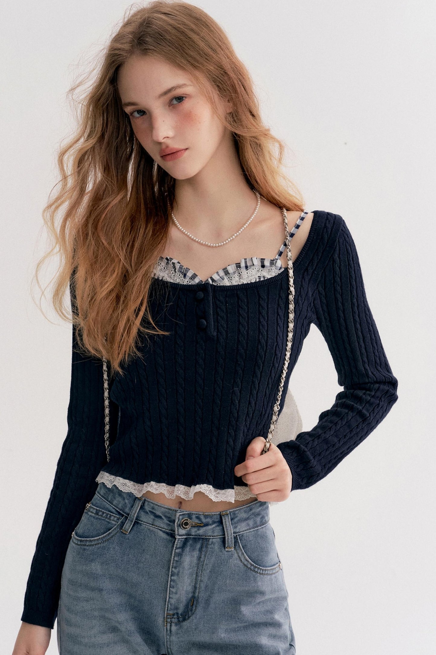 Romantic Plaid Cable Knit Sweater