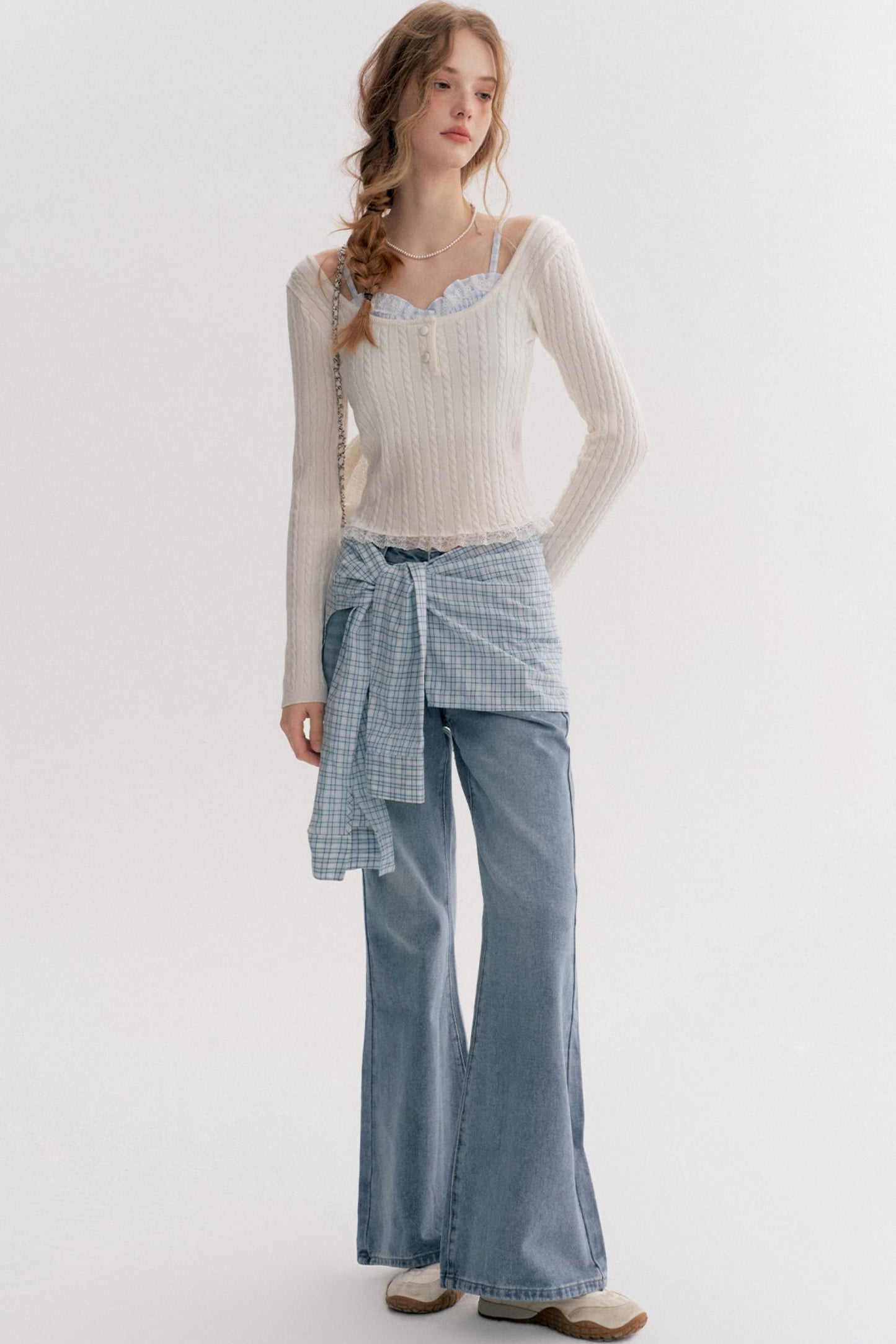 Lazy Plaid High-Waisted Bootcut Jeans