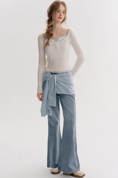Lazy Plaid High-Waisted Bootcut Jeans