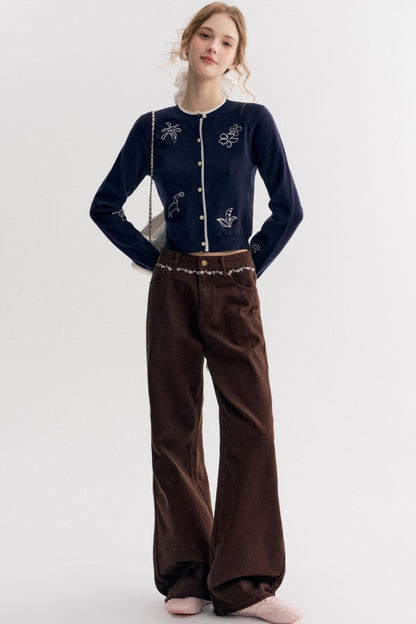 Rich Chocolate Floral Embroidery Wide-Leg Jeans