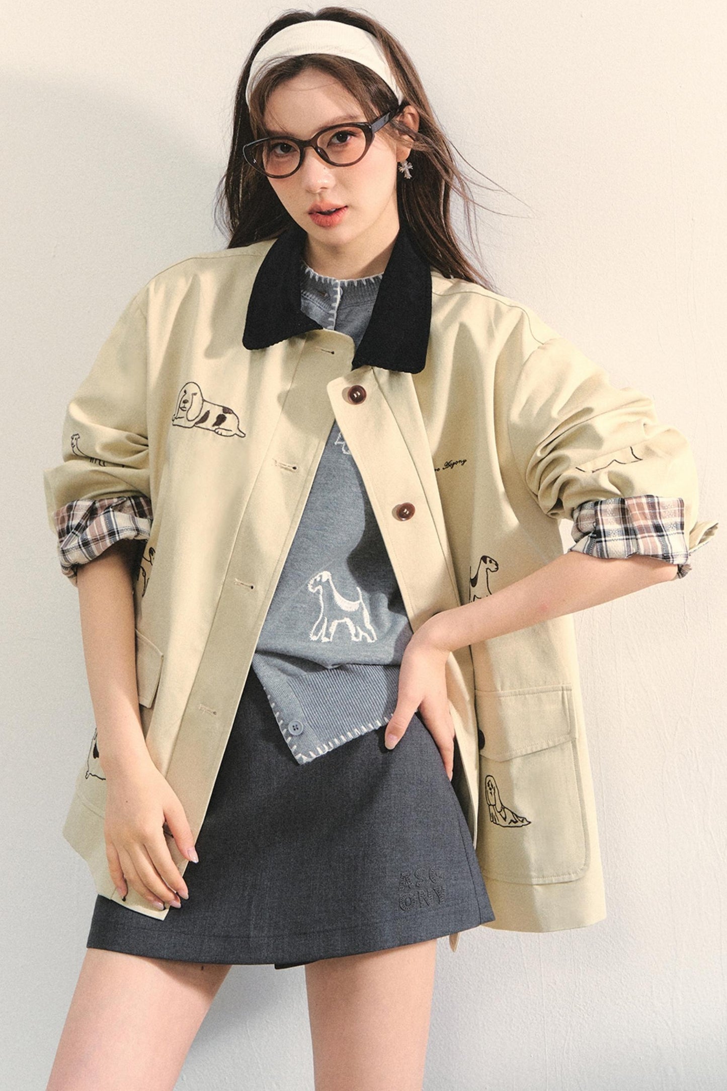 Vintage Puppy Embroidered Trench Coat