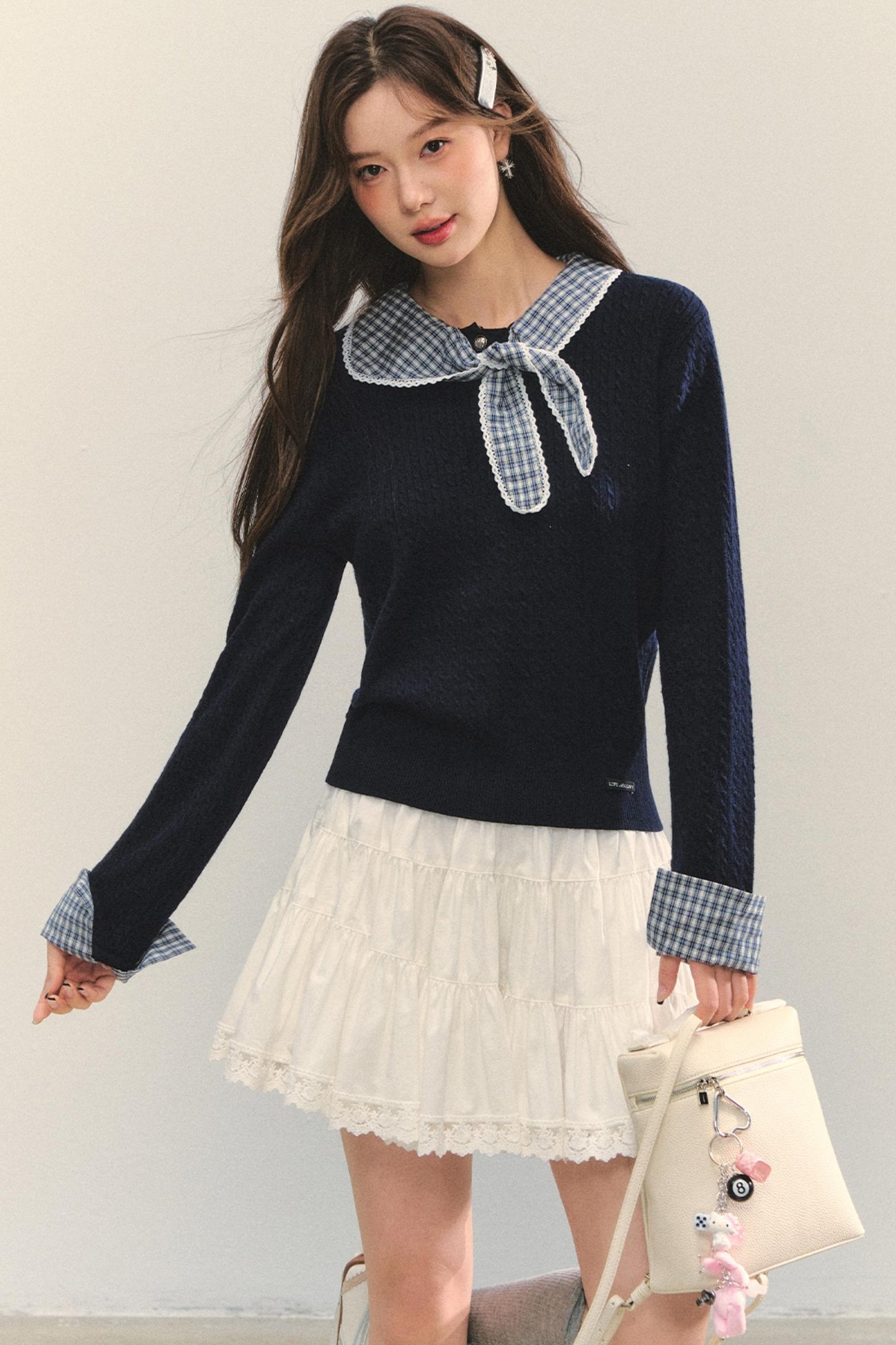 Contrast Plaid Panel Knit Sweater