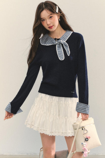 Contrast Plaid Panel Knit Sweater