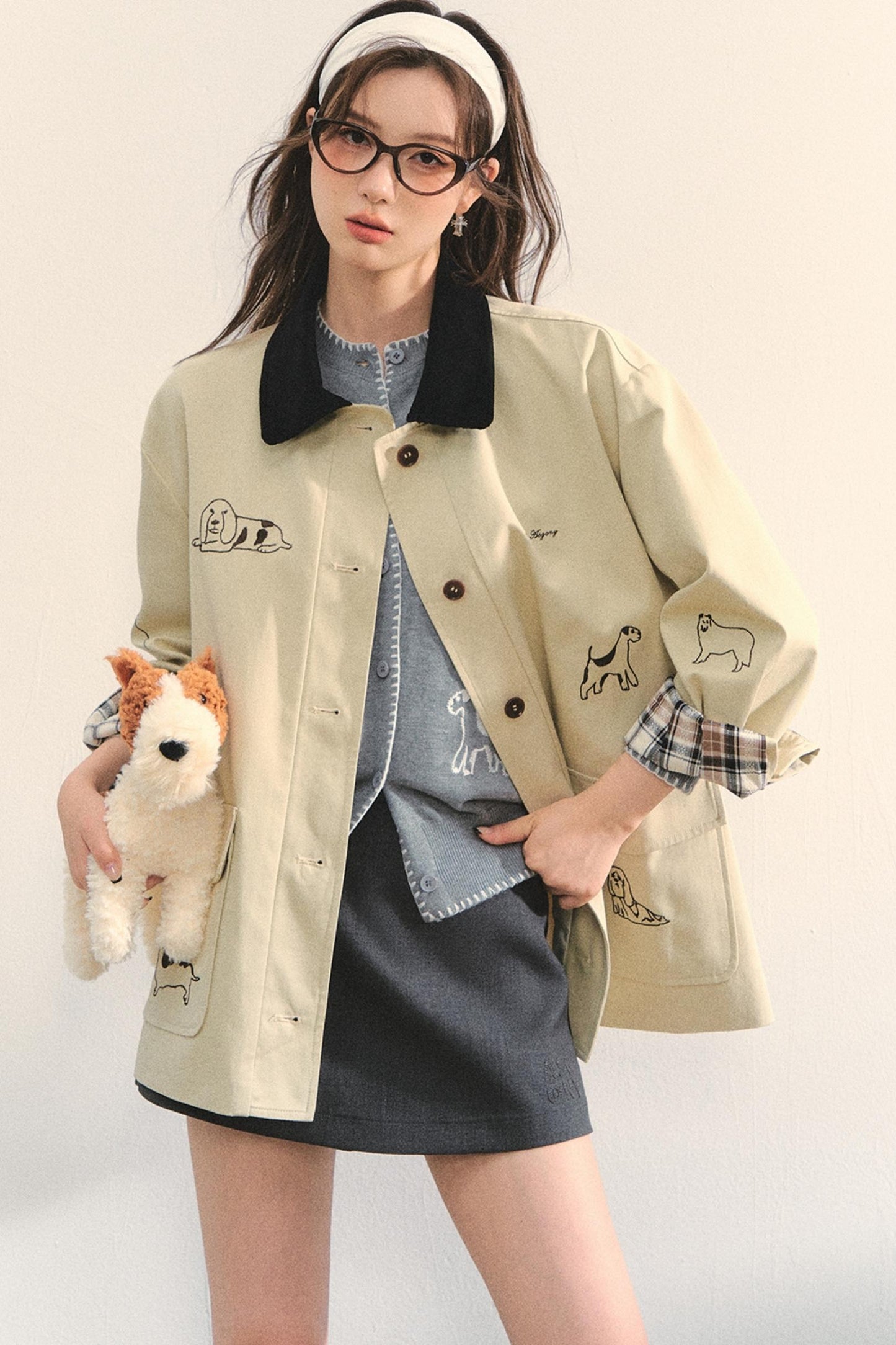 Vintage Puppy Embroidered Trench Coat