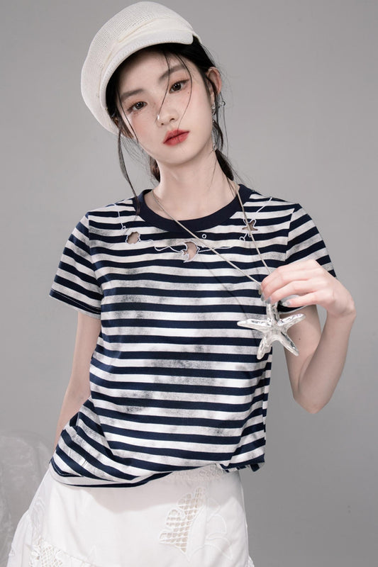 Navy Embroidered Striped T-shirt