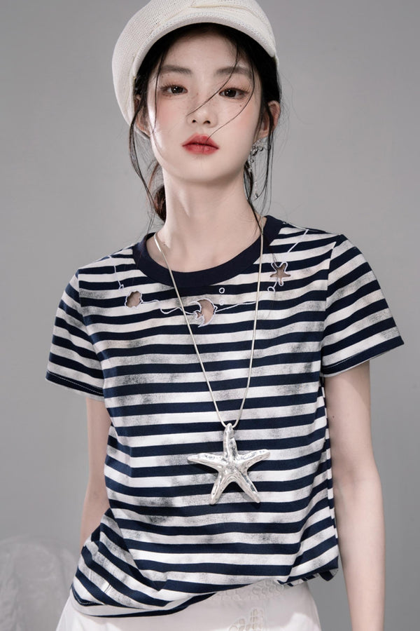 Navy Embroidered Striped T-shirt