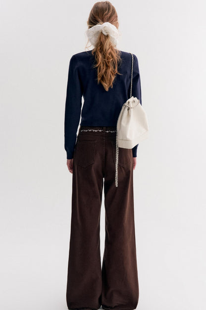 Rich Chocolate Floral Embroidery Wide-Leg Jeans